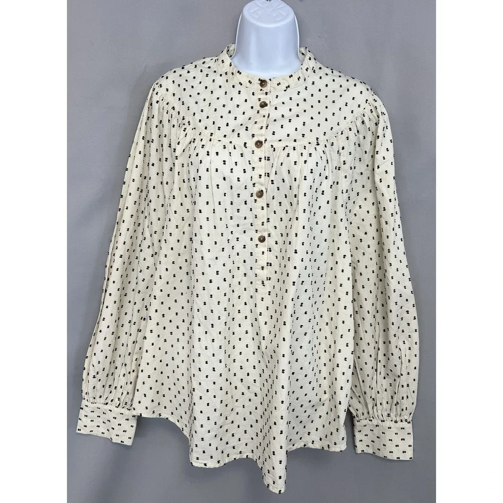 Old Navy Blouse Women's XL Tall Cream Black Swiss Dot Henley Long Sleeve Top